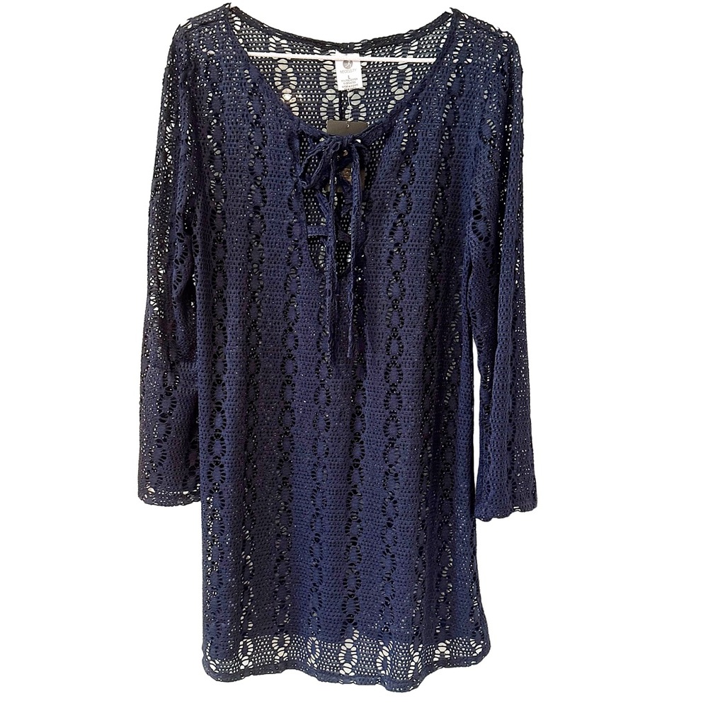 Necessity Lace Navy Blue Swim Cover Up Dress or Tunic Bell Sleeve Boho Sz L NWT